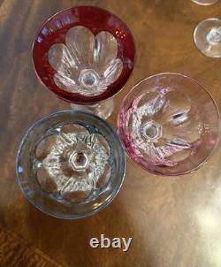 France- Set (6) Vtg Cut Crystal Luster Flashed Multicolor Holiday Wine Glasses