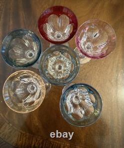 France- Set (6) Vtg Cut Crystal Luster Flashed Multicolor Holiday Wine Glasses