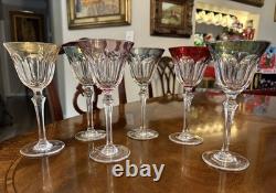 France- Set (6) Vtg Cut Crystal Luster Flashed Multicolor Holiday Wine Glasses