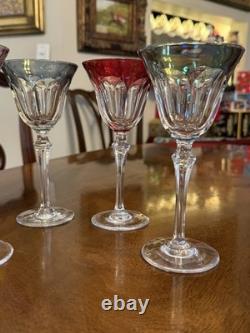 France- Set (6) Vtg Cut Crystal Luster Flashed Multicolor Holiday Wine Glasses