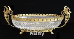 French Cut Crystal Gilt Bronze Double Handled Footed Centerpiece Bowl, c. 1920