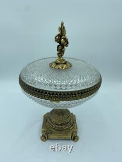 French Cut Crystal Mounted Gilt Bronze Pedestal Bowl With Lid 2 Pc