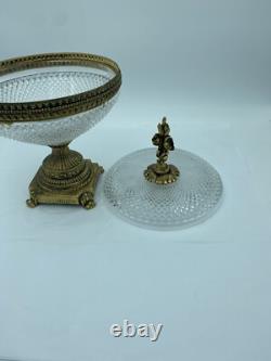 French Cut Crystal Mounted Gilt Bronze Pedestal Bowl With Lid 2 Pc