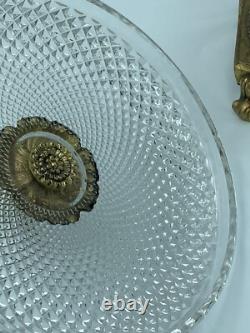 French Cut Crystal Mounted Gilt Bronze Pedestal Bowl With Lid 2 Pc