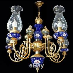 French Empire Gilt Brass Blue Limoges Porcelain and Cut Crystal Glass Chandelier