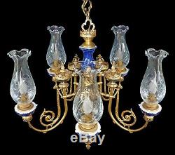 French Empire Gilt Brass Blue Limoges Porcelain and Cut Crystal Glass Chandelier