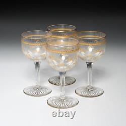 French Etched Clear Glass Gold Inlay Crystal Cut Wine Glasses 5 4pc Antique B