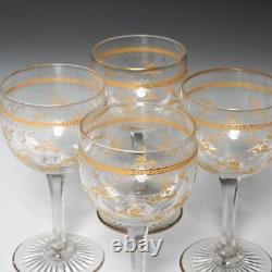 French Etched Clear Glass Gold Inlay Crystal Cut Wine Glasses 5 4pc Antique B