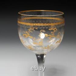 French Etched Clear Glass Gold Inlay Crystal Cut Wine Glasses 5 4pc Antique B