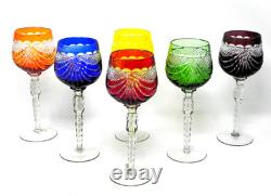 Full Set Six OLENKA TARNOW Colored Cut to Clear 8-1/2 Crystal Wine Hock Glasses