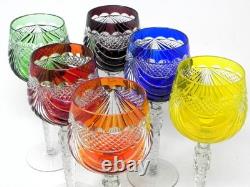 Full Set Six OLENKA TARNOW Colored Cut to Clear 8-1/2 Crystal Wine Hock Glasses