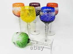 Full Set Six OLENKA TARNOW Colored Cut to Clear 8-1/2 Crystal Wine Hock Glasses