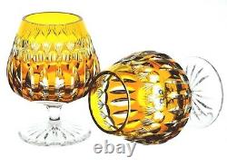 German Amber Gold Cut to Clear Cased Crystal Brandy Snifters Glass Pair NWOT