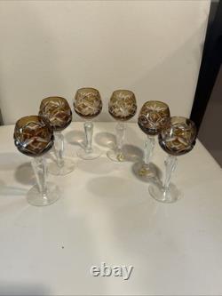 Germany 24% Bleikristall Cut Crystal Set 6 Cordial Glasses 5.5 Vintage Brown