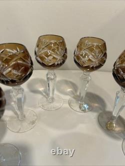 Germany 24% Bleikristall Cut Crystal Set 6 Cordial Glasses 5.5 Vintage Brown