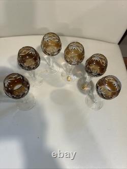 Germany 24% Bleikristall Cut Crystal Set 6 Cordial Glasses 5.5 Vintage Brown