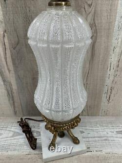 Glass Brass LAMP Frosted Textured Cut Crystal MARBLE BASE 31 Vintage Table