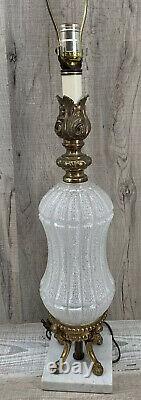 Glass Brass LAMP Frosted Textured Cut Crystal MARBLE BASE 31 Vintage Table