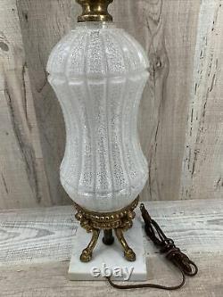 Glass Brass LAMP Frosted Textured Cut Crystal MARBLE BASE 31 Vintage Table