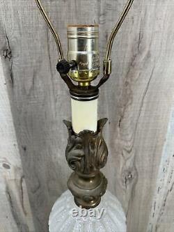 Glass Brass LAMP Frosted Textured Cut Crystal MARBLE BASE 31 Vintage Table