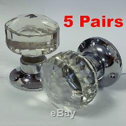 Glass Mortice Door Knobs Crystal Cut Handles Chrome Plated Backplate 5 Pairs