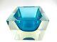 Glowing Poli Seguso era Murano blue & UV sommerso art glass facet cut block bowl