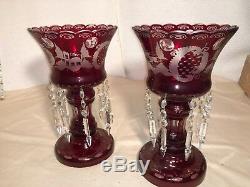 Gorgeous Antique Bohemian Lead Crystal Hand Cut Cranberry Ruby Lusters Mint New