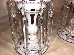 Gorgeous Antique Bohemian Lead Crystal Hand Painted & Cut White On Ruby Lusters