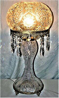Gorgeous Antique Large Cut Glass Crystal Mushroom Shade Lamp With Prisms