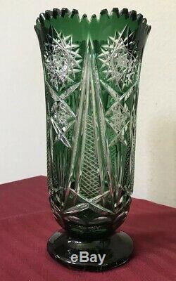 Gorgeous Bohemian Emerald Green Cut Clear Crystal Vase 10 EXCELLENT