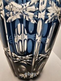 Gorgeous Crystal Large Sapphire Blue Cut to Clear Glass Vase