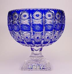Gorgeous Large Bohemian Cobalt Blue Cut to Clear Footed Crystal Bowl
