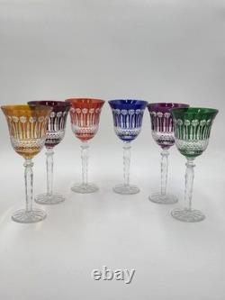 Gourgeous Set Of 6 Colorful Cut to Clear Crystal 8 3/4 Tall Hock Wine Glasses