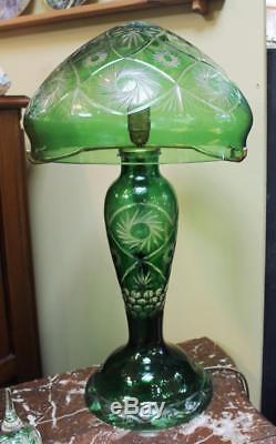 Green Crystal Overlay Cut Glass Mushroom Lamp