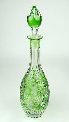 Green Cut to Clear Crystal Decanter Art Glass Bohemian Emerald Wine with Stopper
