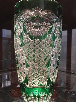 Green crystal Vase, cut to clear, Ornate beautiful piece