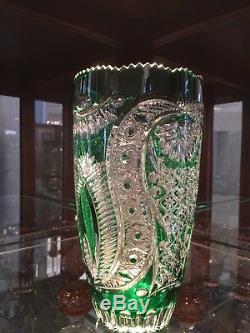 Green crystal Vase, cut to clear, Ornate beautiful piece