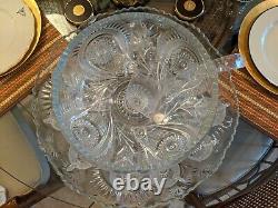 HUGE Vintage Cut Crystal Pressed Glass Punch Bowl withCups +Plate Flower Pinwheel