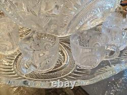 HUGE Vintage Cut Crystal Pressed Glass Punch Bowl withCups +Plate Flower Pinwheel