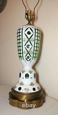 HUGE antique cut to clear Bohemian Czech glass crystal table floral lamp green