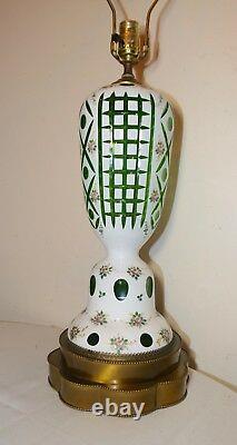 HUGE antique cut to clear Bohemian Czech glass crystal table floral lamp green
