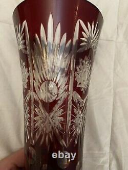 Hand Cut Bohemian Style Crystal Vase Cased Ruby Red Overlay Cut to Clear Glass