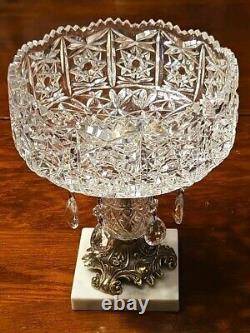 Hand Cut Crystal Brass Marble Compote Bowl Prisms 8 X 10 1/2
