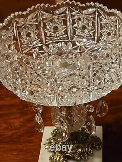 Hand Cut Crystal Brass Marble Compote Bowl Prisms 8 X 10 1/2