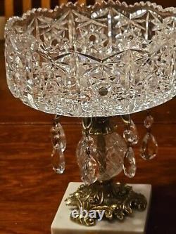 Hand Cut Crystal Brass Marble Compote Bowl Prisms 8 X 10 1/2