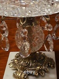 Hand Cut Crystal Brass Marble Compote Bowl Prisms 8 X 10 1/2
