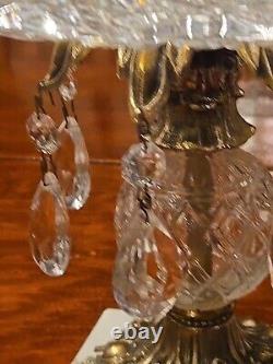 Hand Cut Crystal Brass Marble Compote Bowl Prisms 8 X 10 1/2