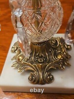 Hand Cut Crystal Brass Marble Compote Bowl Prisms 8 X 10 1/2