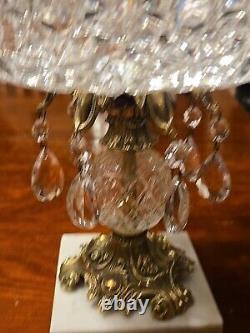 Hand Cut Crystal Brass Marble Compote Bowl Prisms 8 X 10 1/2