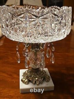 Hand Cut Crystal Brass Marble Compote Bowl Prisms 8 X 10 1/2